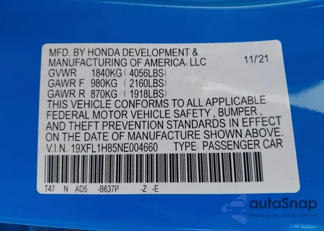 2022 Honda Civic Sport Touring из США, поврежденный, VIN 19XFL1H85NE004660